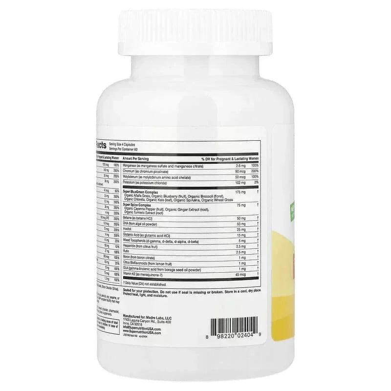 Super Nutrition, Prenatal Multivitamin with Super Greens, Spice Complex, Vitamin C, Choline and Folate, 240 Veggie Capsules - USA MEGA SHOP
