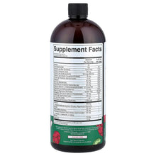 Liquid multivitamin supplement facts bottle, back label text, dark amber bottle, black cap