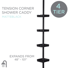 4-tier matte black corner shower organizer with stacked shelves on tension pole