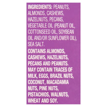 Ingredients list for mixed nuts on purple label, includes peanuts, almonds, cashews