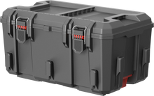 Dark gray modular toolbox with hinged lid open and inner storage platform sections