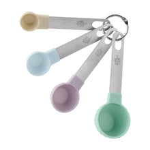 Plastic measuring cup and spoon set with four multicolor scoops on key ring