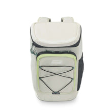 Beige soft cooler backpack with top lid, front divider window, lime trim