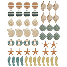 Coastal ornament set with striped balls, shells, seahorses, starfish and textured sea-inspired designs