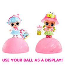 Two LOL-style dolls in pink ball-shaped containers with themed outfits and drink cups