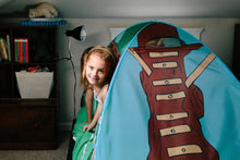 Tree house pop-up bed tent, open entrance with blue fabric and green panels