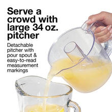 Electric citrus juicer with detachable clear pitcher, yellow lid, and pouring spout