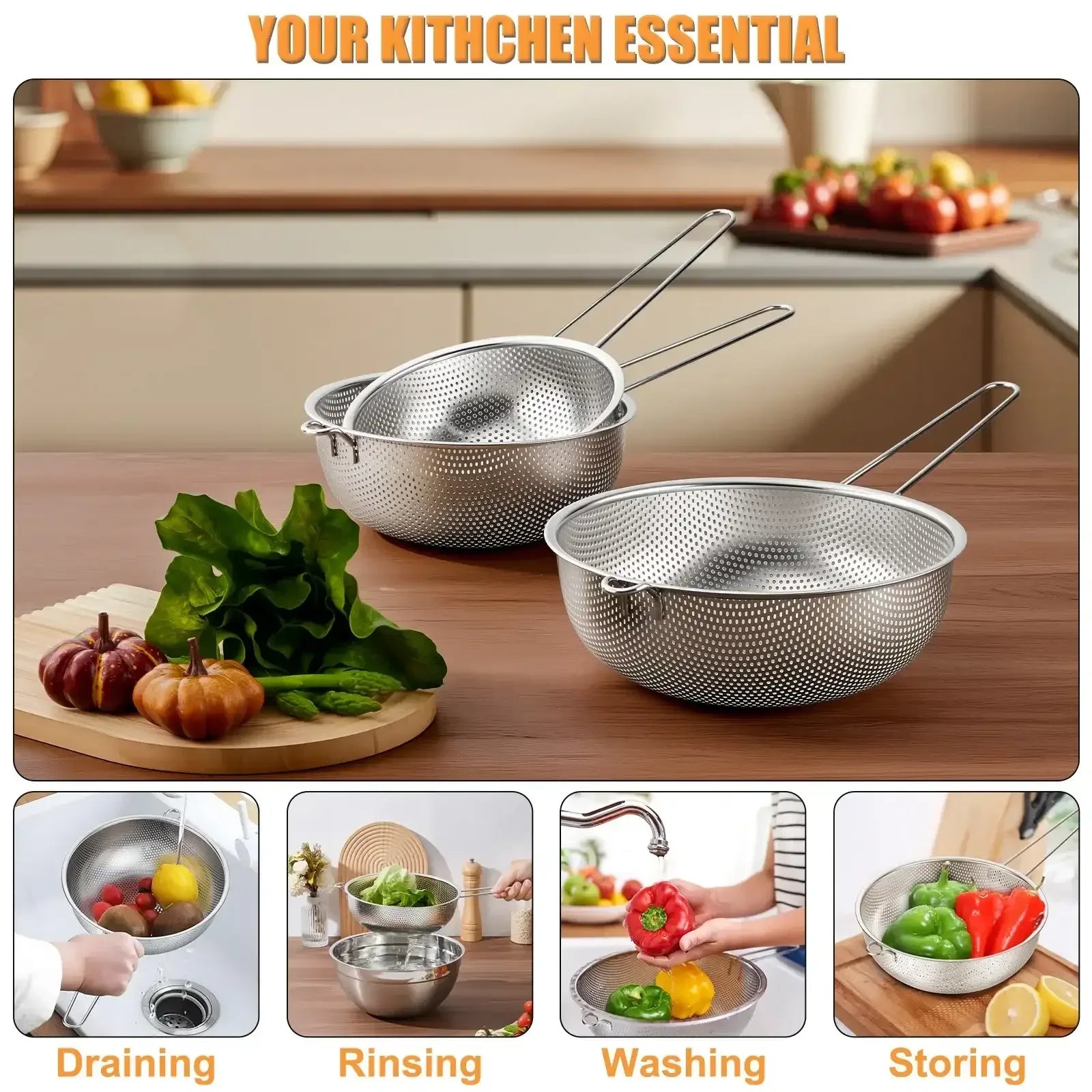VeSteel Colander Set of 3, Stainless Steel Micro-Perforated Colanders Strainers for Draining Rinsing Washing, Ideal for Pasta Vegetables Fruits, Heavy Duty & Dishwasher Safe - USA MEGA SHOP