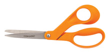 Orange-handled Fiskars scissors with stainless steel blades, 7 in