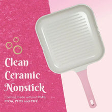 Square pink-handled grill pan with white ceramic nonstick ridged cooking surface