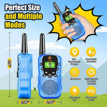 Pair of blue kids walkie-talkies with antennas, front LCD screen and side view