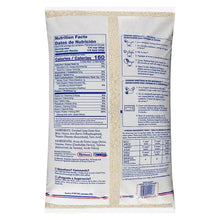 Back of enriched long grain rice bag with nutrition facts and cooking info