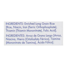 Rice bag ingredients label listing enriched long grain rice and added vitamins
