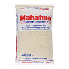 Enriched long grain rice bag with Mahatma branding and 25 lb net weight