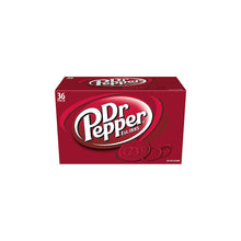 Dr Pepper 36-pack soda carton with 12 oz cans, red box and logo