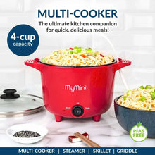Red 4-cup electric multi-cooker pot with glass lid and front dial