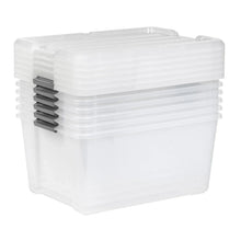 Clear plastic storage bin with ribbed lid and black side buckles, single bin view
