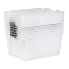 Clear plastic storage bin with snap buckles and ribbed lid top