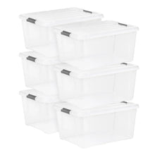 Clear plastic storage bin with black buckle latches and ribbed lid, stacked 4-bin view