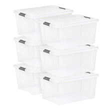 Clear plastic storage bin set with snap buckles, stackable square bins