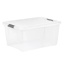 Clear rectangular storage bin with snap buckle lid
