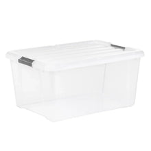 Clear plastic storage bin with black buckle latches and ribbed lid, closed