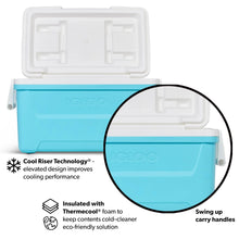 Aqua blue cooler with open white lid; view of insulated interior and swing carry handles