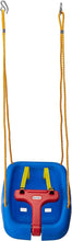 Blue swing seat with yellow rope straps and red front support, top view