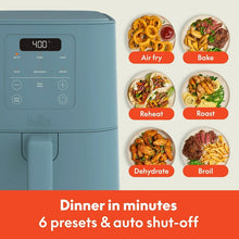 Surf blue digital air fryer with front control panel and preset mode icons