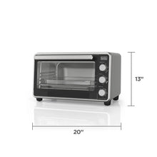 Compact stainless air fryer toaster oven with controls and size dimensions 20"x13"