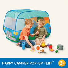 Blue camper van fabric pop-up tent with children and small toy accessories