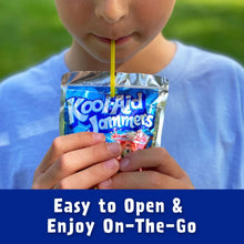 Kool-Aid Jammers Blue Raspberry pouch with straw, held by a child