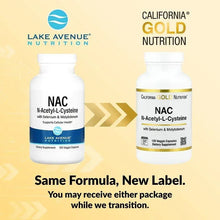 Two NAC supplement bottles with gold band; same formula new label graphic and arrow.