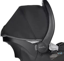Infant car seat canopy with padded insert and Evenflo button, side close-up