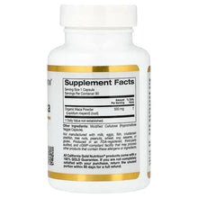 Peruvian maca supplement label, Supplement Facts with organic maca powder 500 mg