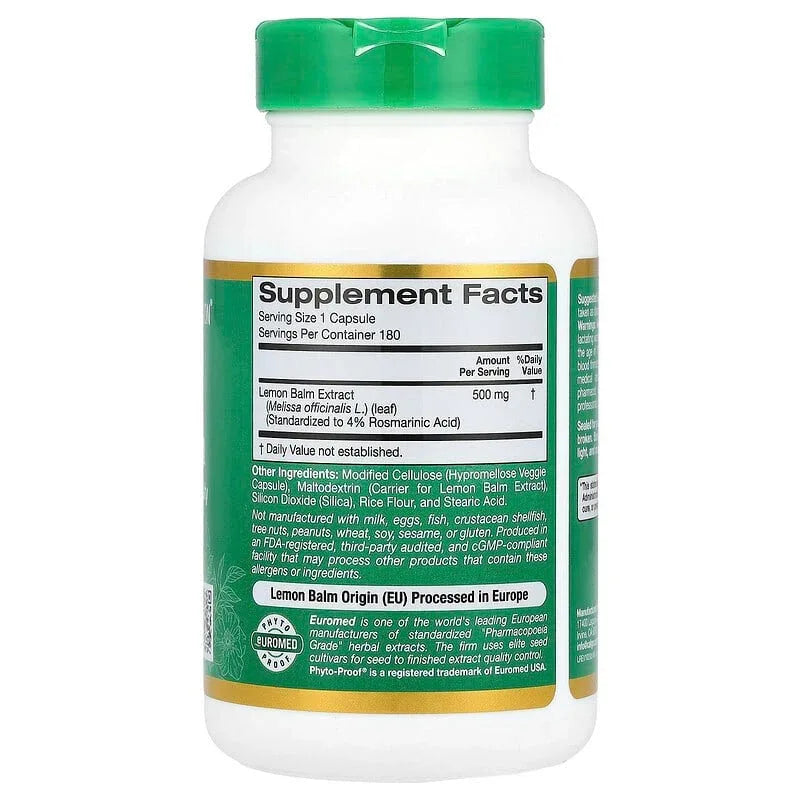 California Gold Nutrition, EuroHerbsâ„¢, Lemon Balm Extract, Euromed Quality, 500 mg - USA MEGA SHOP