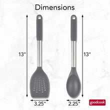 Dark gray nylon turner and spoon with stainless handles, size comparison