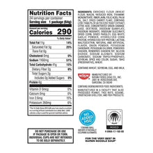 Nutrition facts panel for chicken Cup Noodles soup with calories and ingredients