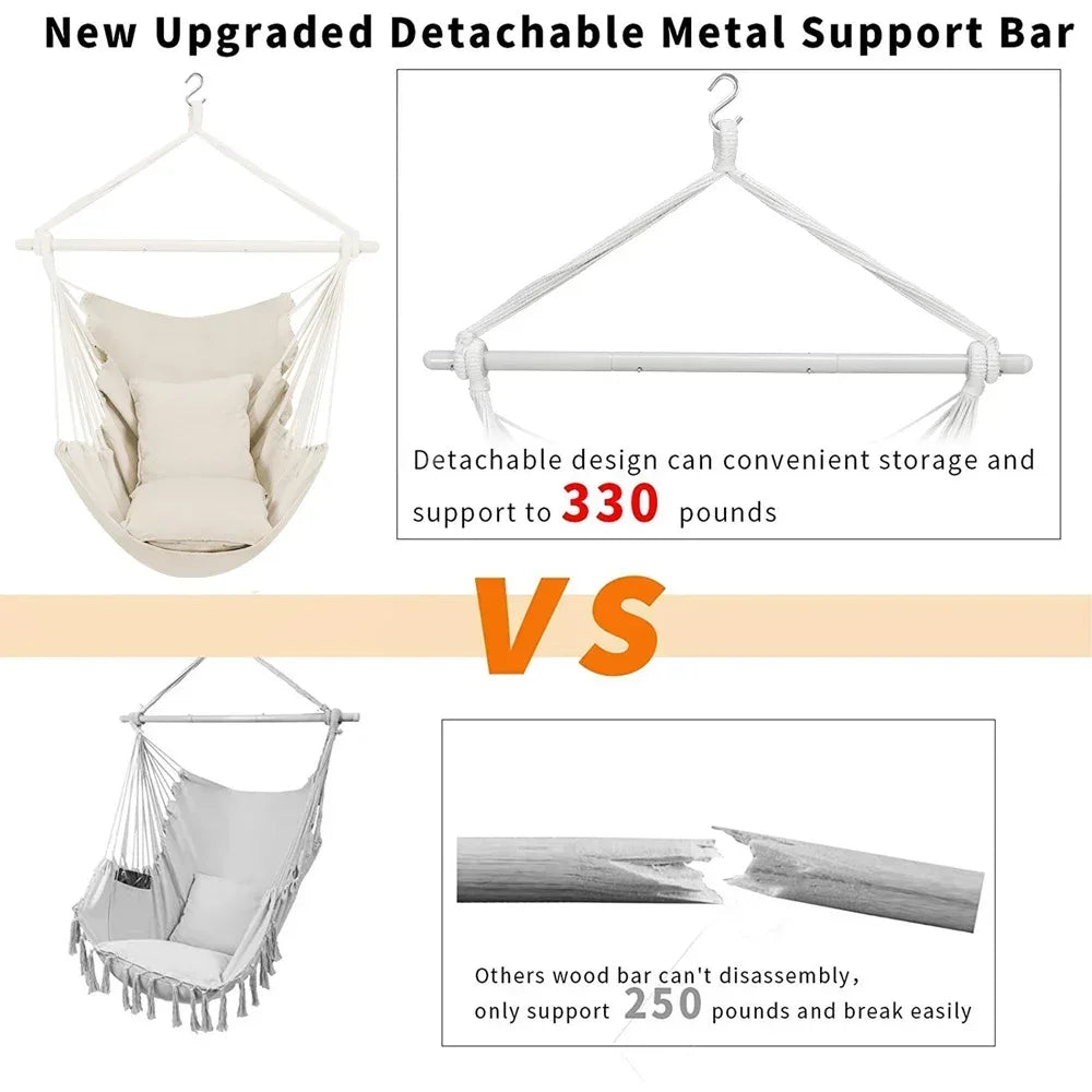 Large Hammock Chair Swing, Relax Hanging Rope Swing Chair with Detachable Metal Support Bar & Two Seat Cushions, Cotton Hammock Chair Swing Seat for Yard Bedroom Patio Porch Indoor Outdoor - USA MEGA SHOP