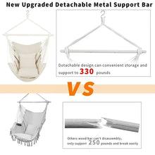 Hammock chair swing with detachable metal support bar and hanging rope seat