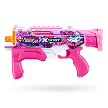 Pink and white XSHOT water blaster toy with unicorn-themed panel and orange muzzle