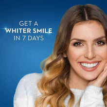 Smiling woman showing brighter teeth, whitening mouthwash promotional graphic