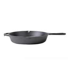 Seasoned cast iron skillet with long handle, shallow round cooking pan