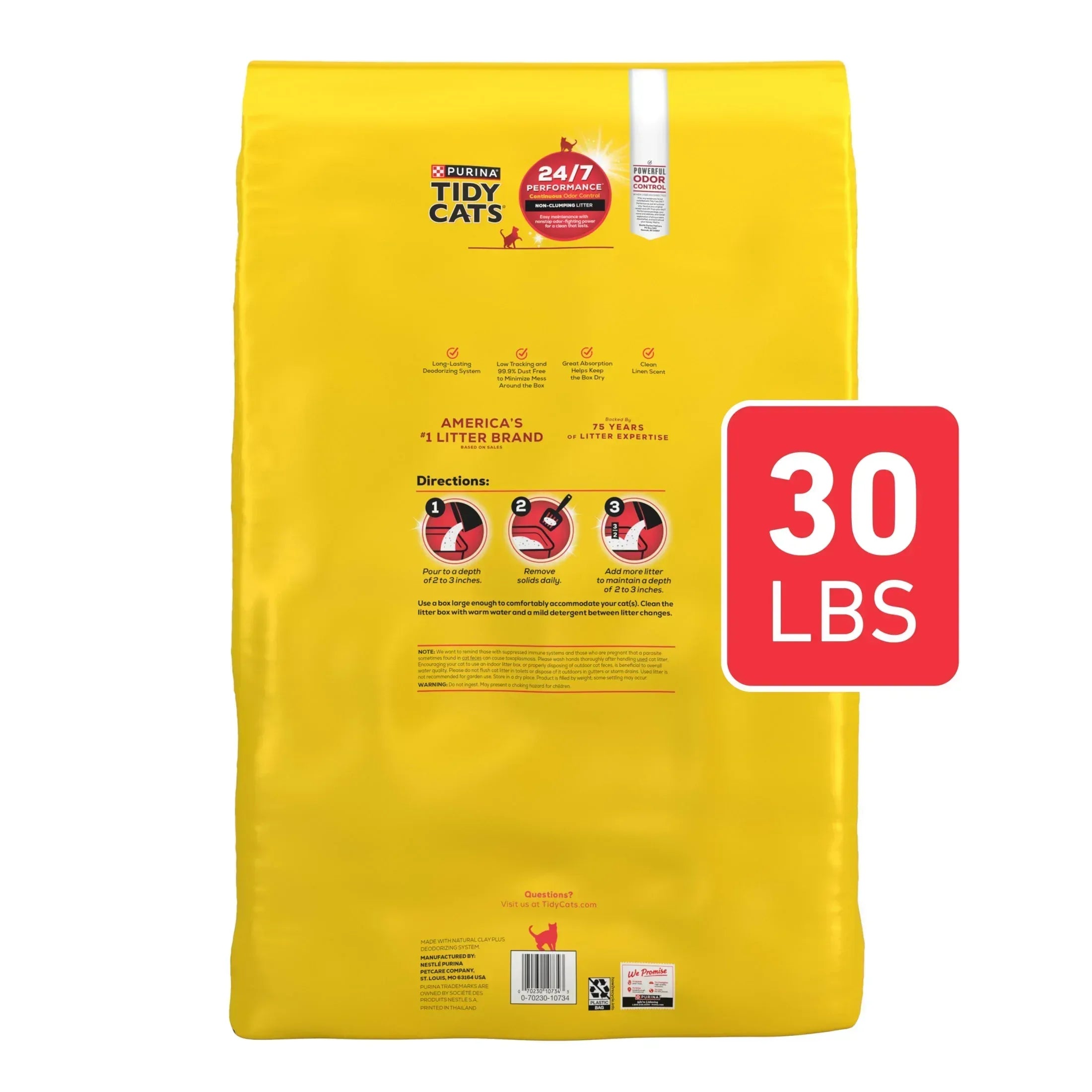 Purina Tidy Cats Non-Clumping Litter, 24/7 Performance Odor Control Formula, 30 lb Box