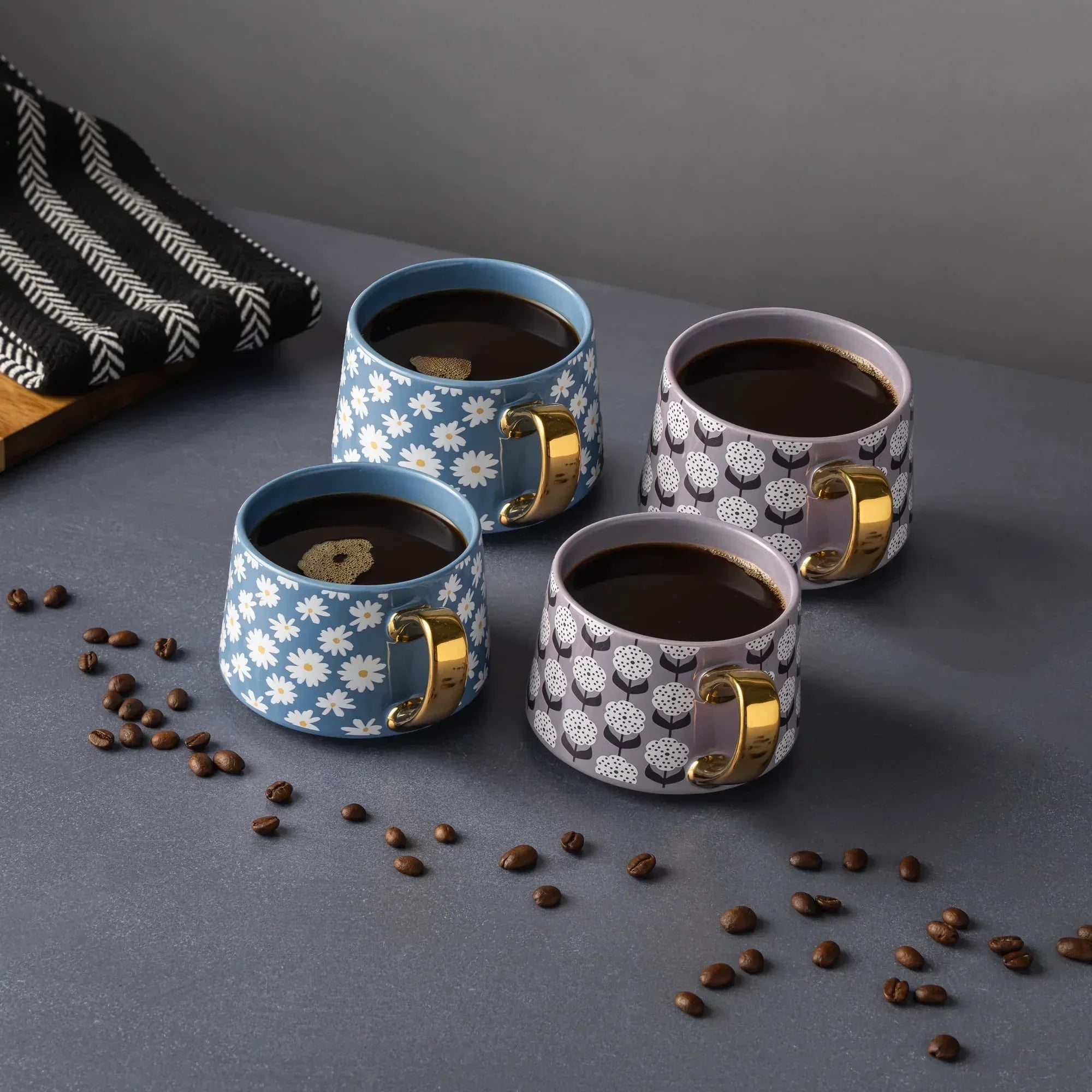 Thyme & Table 4 Pack Blue and Purple Daisy Print Teacup Mugs with Gold Handles 11.8 fl oz, Stoneware