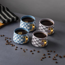Stoneware teacup mugs set of 4, blue daisy and gray circle prints with gold handles
