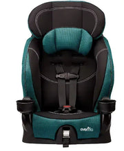 Front view harnessed booster seat in black and teal with headrest and cup holders