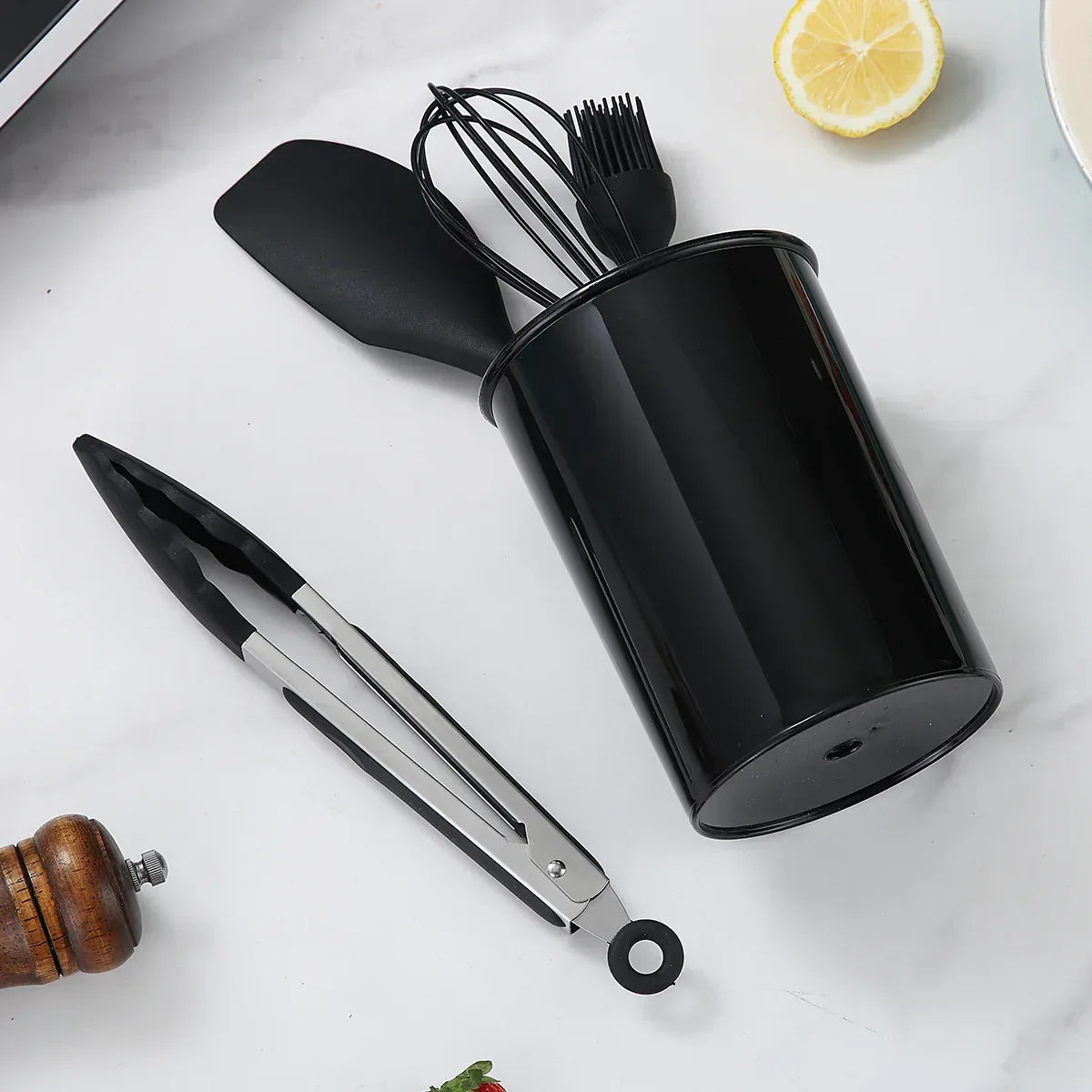 ReaNea Silicone Kitchen Utensils Set 38 Pieces and Utensil Holder (Black)