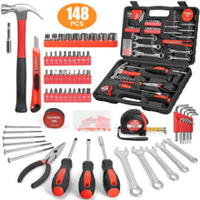 Household tool kit in black case with red accents, 148-piece set layout