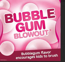 Bubble Gum Blowout kids mouth rinse label with bubble bubbles and pink text